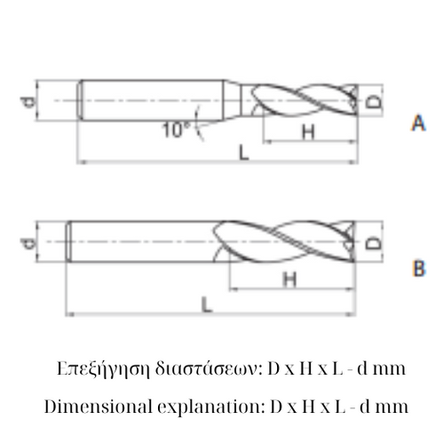 Carbide End Mill 3F Aluminum AL-3E Dimensions