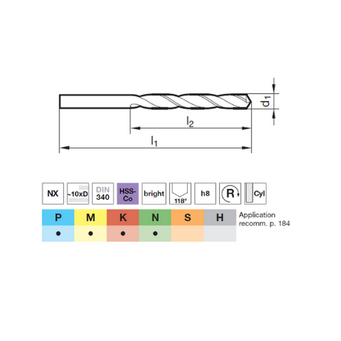 Cobalt HSSCo Drill 10xD DIN340, 71222