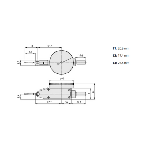 Dial Test Indicator 12.5-0.01mm, MITUTOYO Dimensions