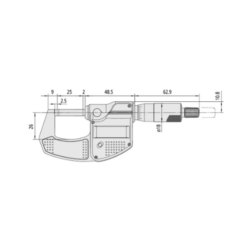 Digital Outside Micrometer 0-25mm, MITUTOYO Dimensions