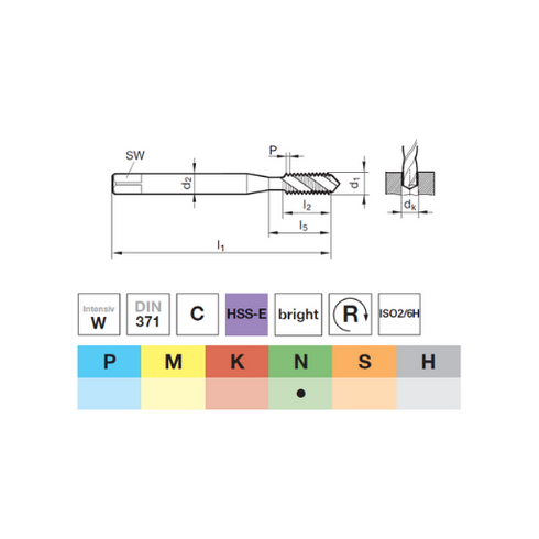 Machine Tap (M2-M10) HSS-E DIN371, 73156 Dimensions